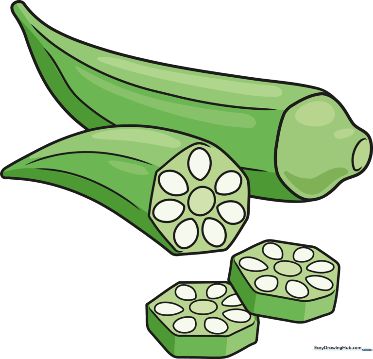 A vibrant, finished drawing of okra pods and slices, ready for coloring.