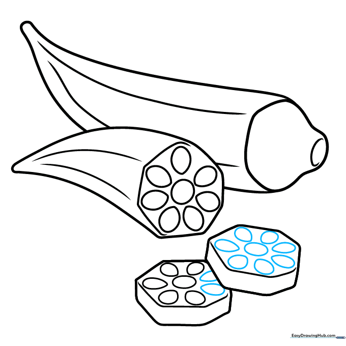 Finalizing the outline of the okra drawing with clean, dark lines.