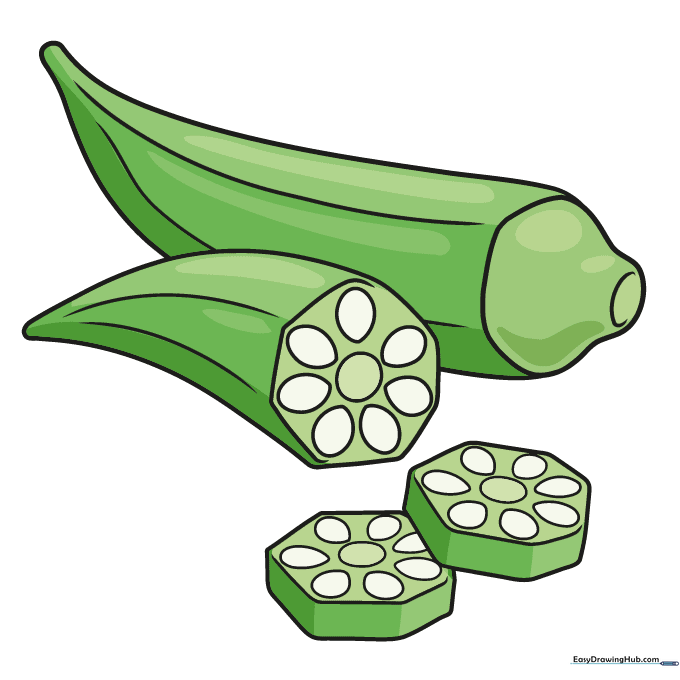 A fully colored, cartoon-style okra drawing with green pods and white seeds.