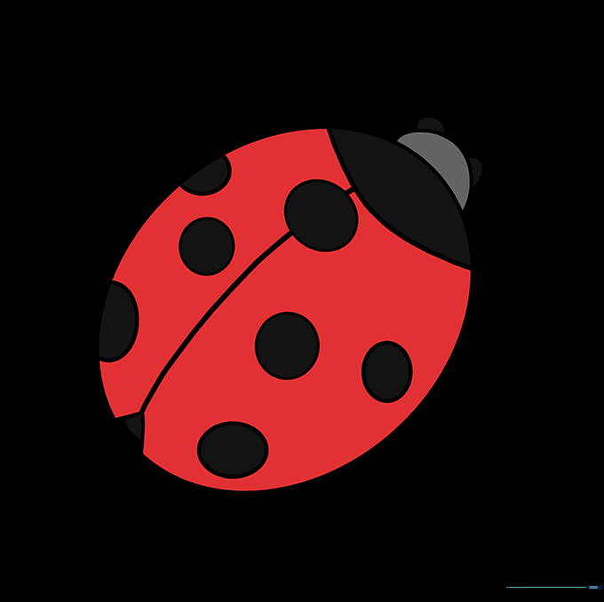 A fully colored, vibrant ladybug illustration with red wings and black spots.