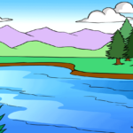 A vibrant, completed drawing of a peaceful lake scene with mountains and pine trees.