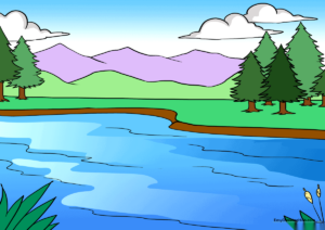A vibrant, completed drawing of a peaceful lake scene with mountains and pine trees.