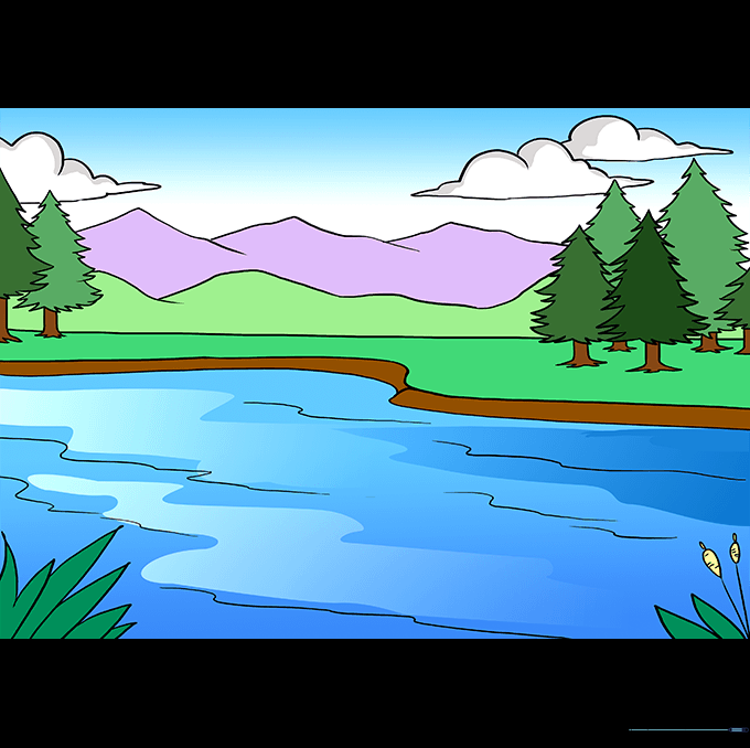 A fully colored lake landscape drawing with blue water, green trees, and a bright sky.