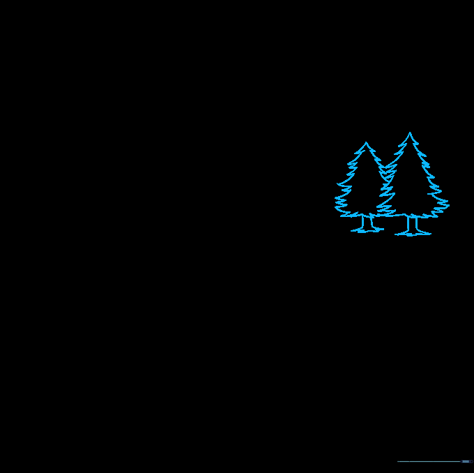 Two pine trees drawn with triangular tops and simple trunks near the horizon line.