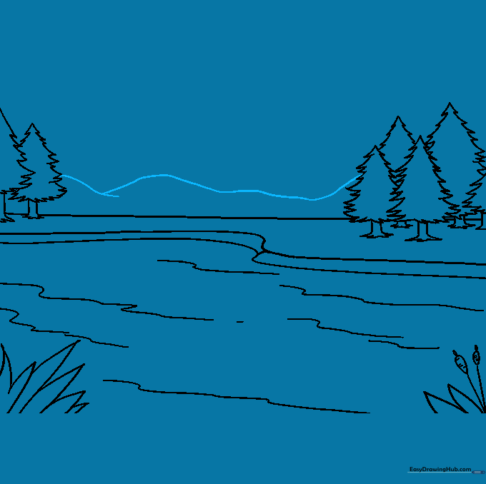 Drawing the soft, curved outlines of distant mountains behind the tree line.