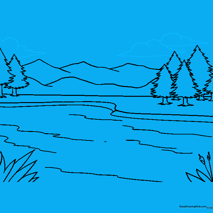 Drawing fluffy, cumulus-style clouds in the sky above the mountains.