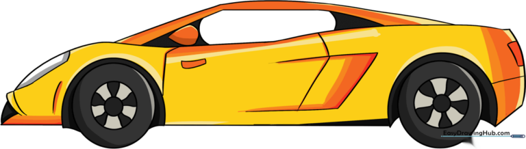 A vibrant, finished Lamborghini drawing ready for display.