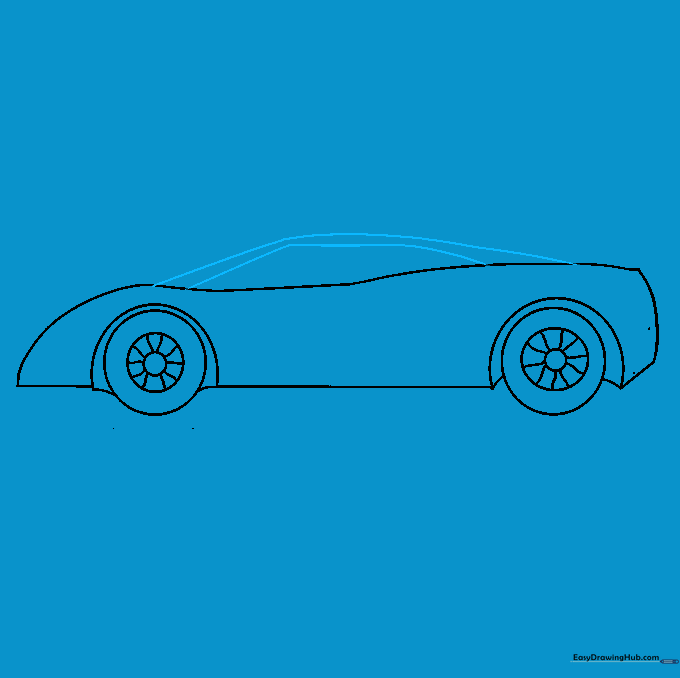 Drawing the sleek roofline of the sports car.