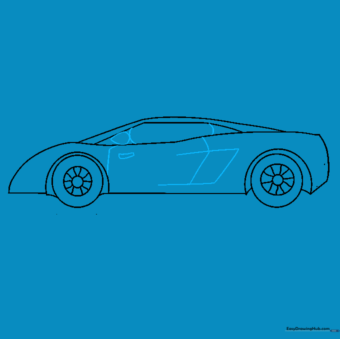 Adding window outlines, door panels, and a door handle to the car body.