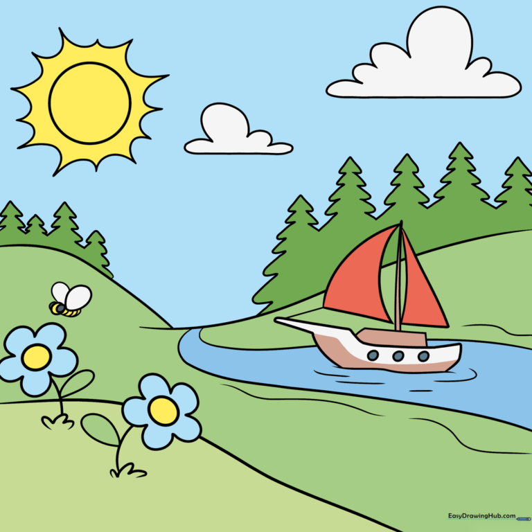 A colorful, finished cartoon landscape featuring hills, a river, a boat, and a sunny sky.