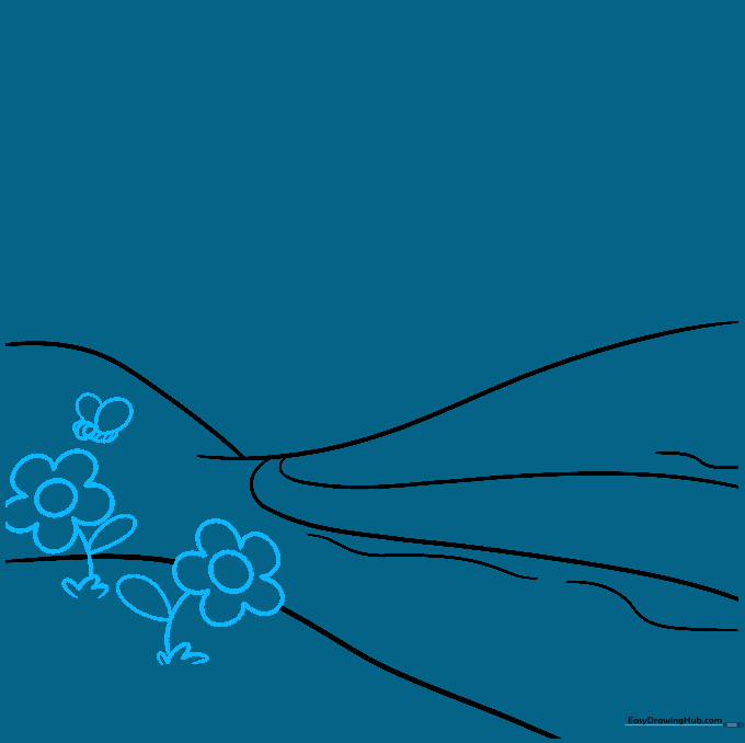 Drawing daisies and a small cartoon bee in the foreground of the landscape.