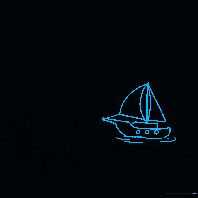 Adding a small sailboat with sails and water ripples to the river.