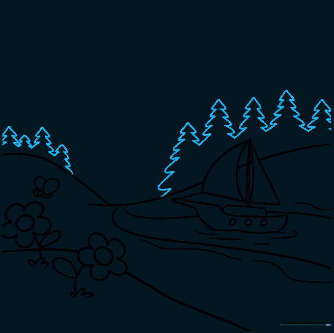Sketching a forest of evergreen trees using stacked triangles in the background.