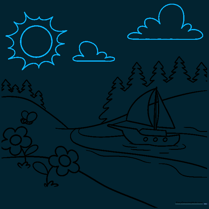 Adding a sun with rays and fluffy clouds to the sky area of the drawing.