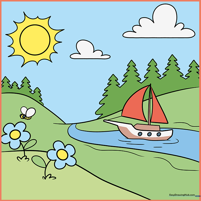 The completed landscape drawing fully colored with vibrant greens, blues, and yellows.