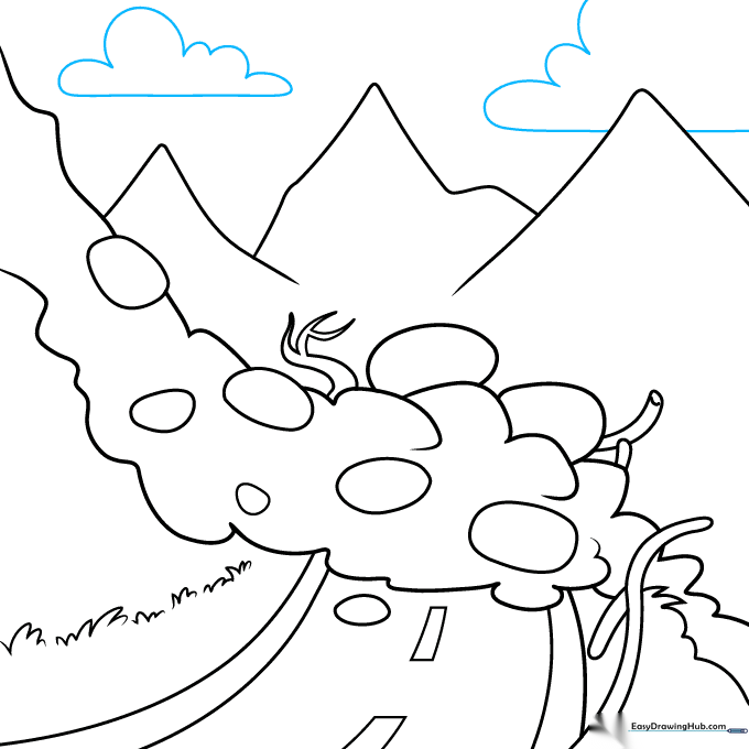 Drawing fluffy clouds in the sky to complete the landscape composition.