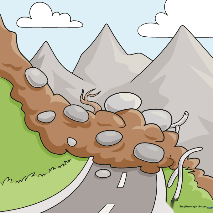 The completed, colored landslide drawing with brown mud, gray rocks, and green grass.