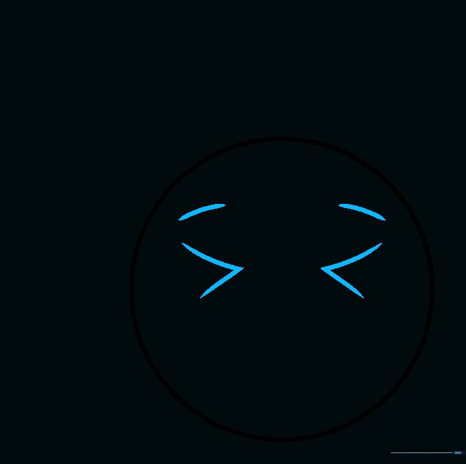 Close-up of the emoji face showing two sideways V-shaped eyes and curved eyebrows drawn above them.