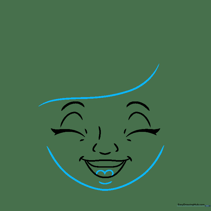 Sketch of the face outline including bangs and the tongue inside the mouth.