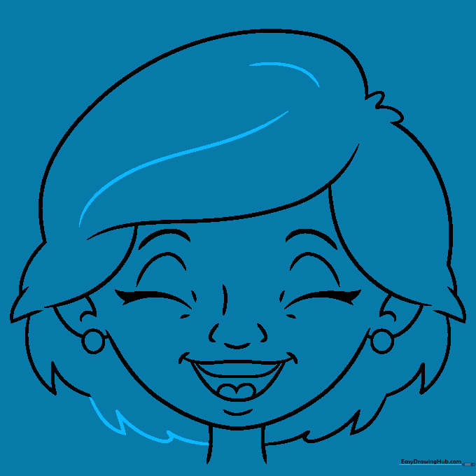 Completed line art of a laughing face with detailed hair texture.