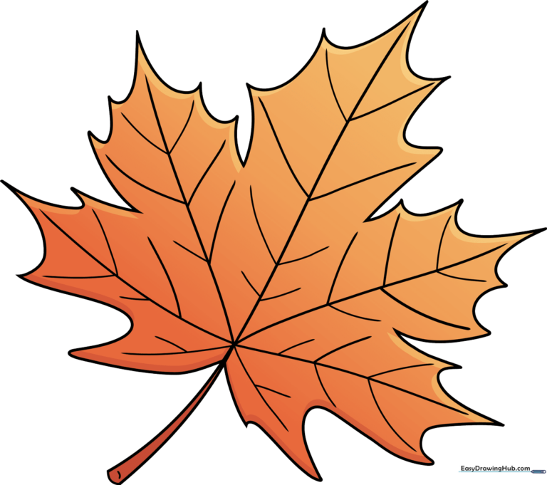 A vibrant, hand-drawn maple leaf colored in autumn shades of red and orange.