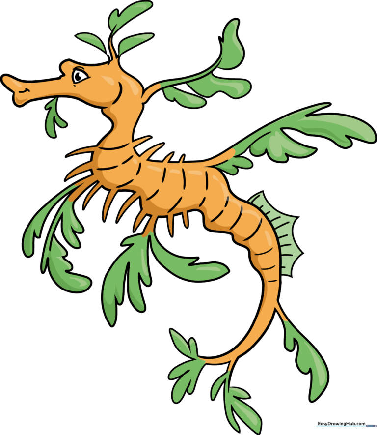 A colorful, finished leafy sea dragon illustration floating in the ocean.