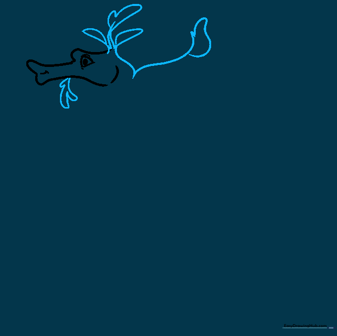 Drawing the first set of leafy fins around the sea dragon's head.