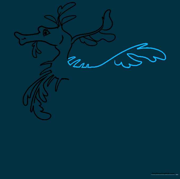 Drawing the decorative dorsal spikes on the sea dragon's back.