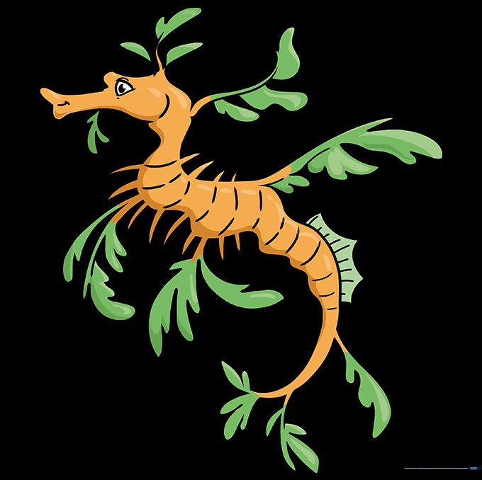 Final colored leafy sea dragon with orange body and green fins.