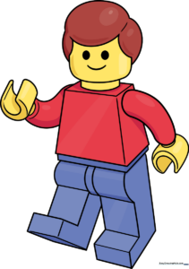 A vibrant, completed drawing of a Lego person, showcasing the final result of the tutorial.