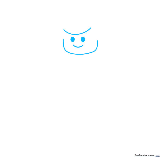 Pencil sketch of a Lego minifigure head showing hair outline, oval eyes, and a curved smile.