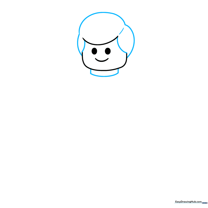 Drawing the hair outline and the small rectangular neck of the Lego character.