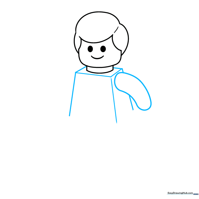 Sketching the trapezoid torso and the initial curve for the Lego arm.