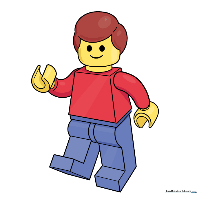 A fully colored Lego person drawing with bright yellow skin and vibrant clothing.