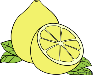 A vibrant, finished drawing of a lemon slice and a whole lemon with leaves.