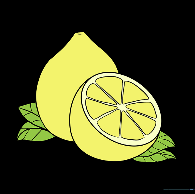A fully colored lemon drawing featuring bright yellow fruit and green leaves.