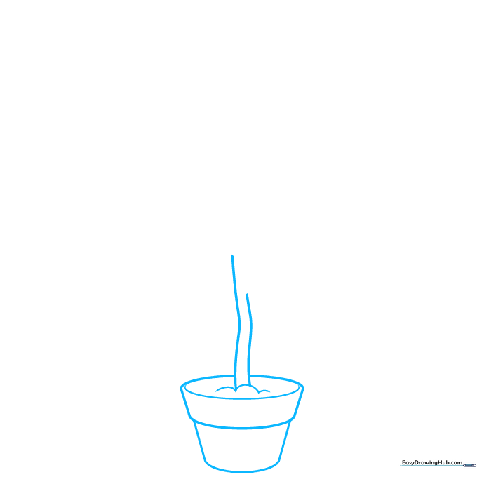 Line drawing of a flower pot base and a simple tree trunk starting point.