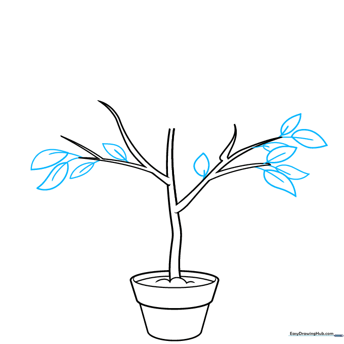 Adding pointed leaf shapes attached to the tree branches.