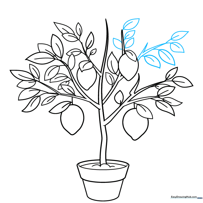 Adding final twigs and leaves behind the lemons for depth.