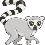 A colorful, friendly cartoon lemur sitting with its long ringed tail curled around.