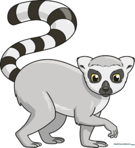 A colorful, friendly cartoon lemur sitting with its long ringed tail curled around.