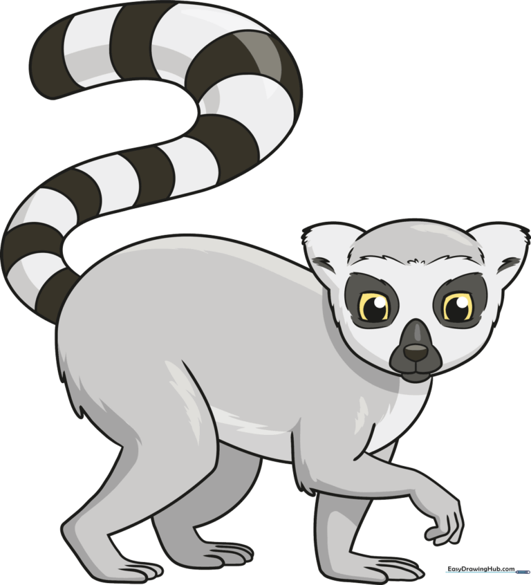 A colorful, friendly cartoon lemur sitting with its long ringed tail curled around.
