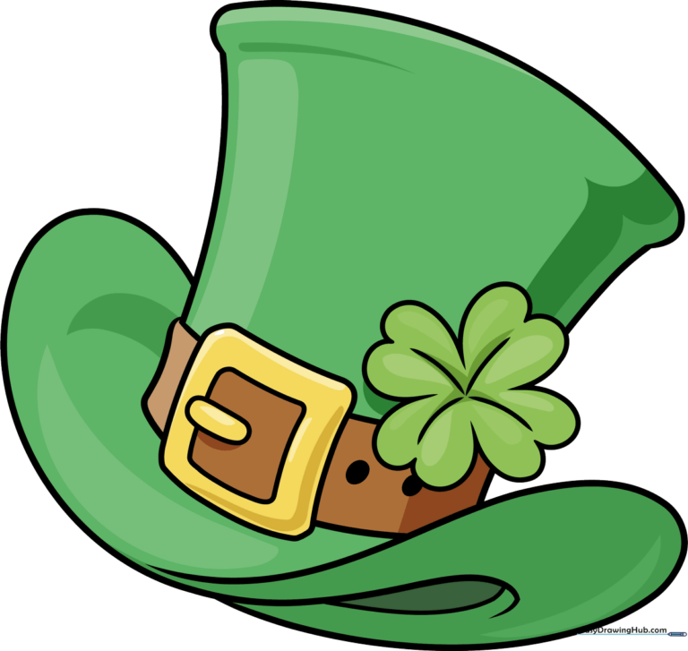 A colorful, finished drawing of a leprechaun hat decorated with a four-leaf clover.