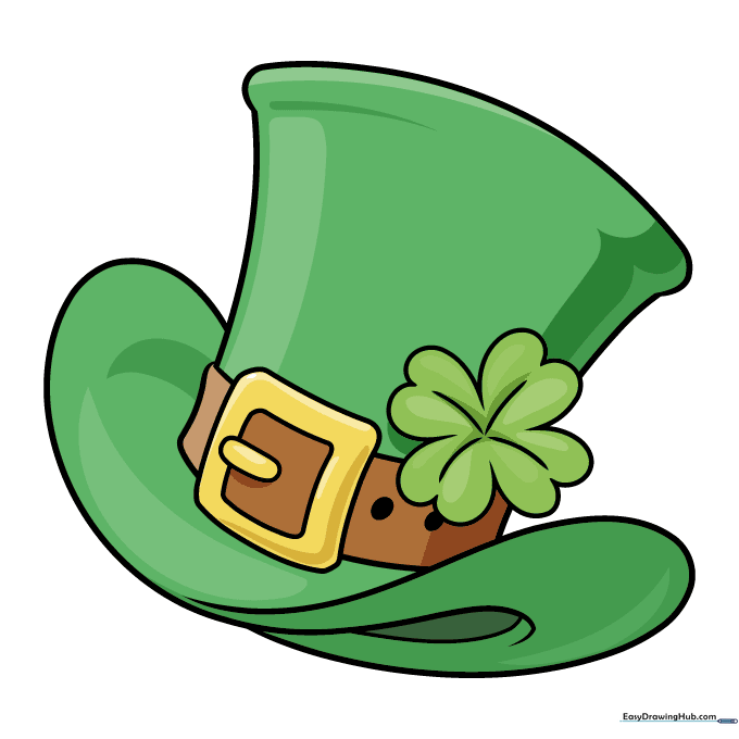 A fully colored leprechaun hat in shades of green and gold.