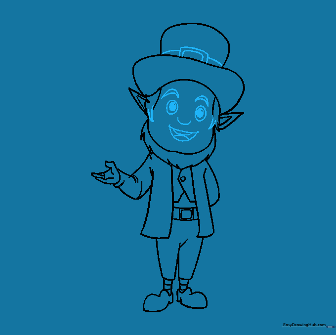 Finalizing the facial features including eyes, eyebrows, and a smiling mouth.
