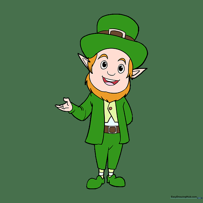 The completed, colored-in leprechaun drawing with green clothes and orange hair.