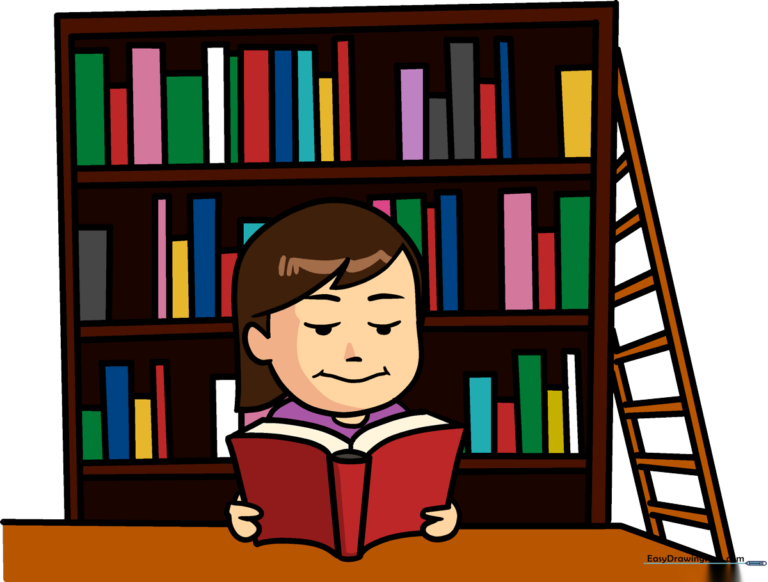 A colorful, finished illustration of a child reading in a library, perfect for inspiration.