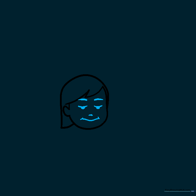 Close-up sketch of a cartoon character's face with downward-looking eyes and a gentle expression.
