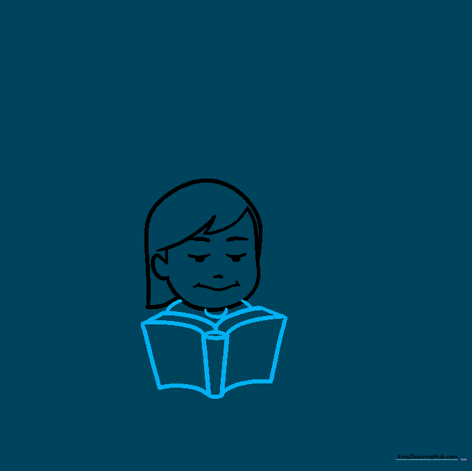 Drawing of an open book being held by a student, showing the spine and pages.