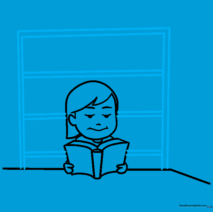 Outline of a large bookshelf being added to the background of the drawing.